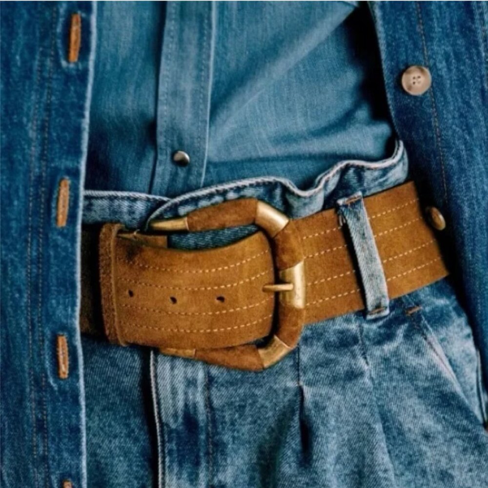 Sezane Brown Suede Belt with Gold Buckle
